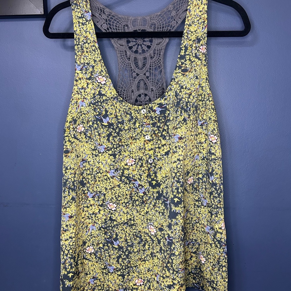 Kismet Yellow and Black Floral Tank Top with Lace Back